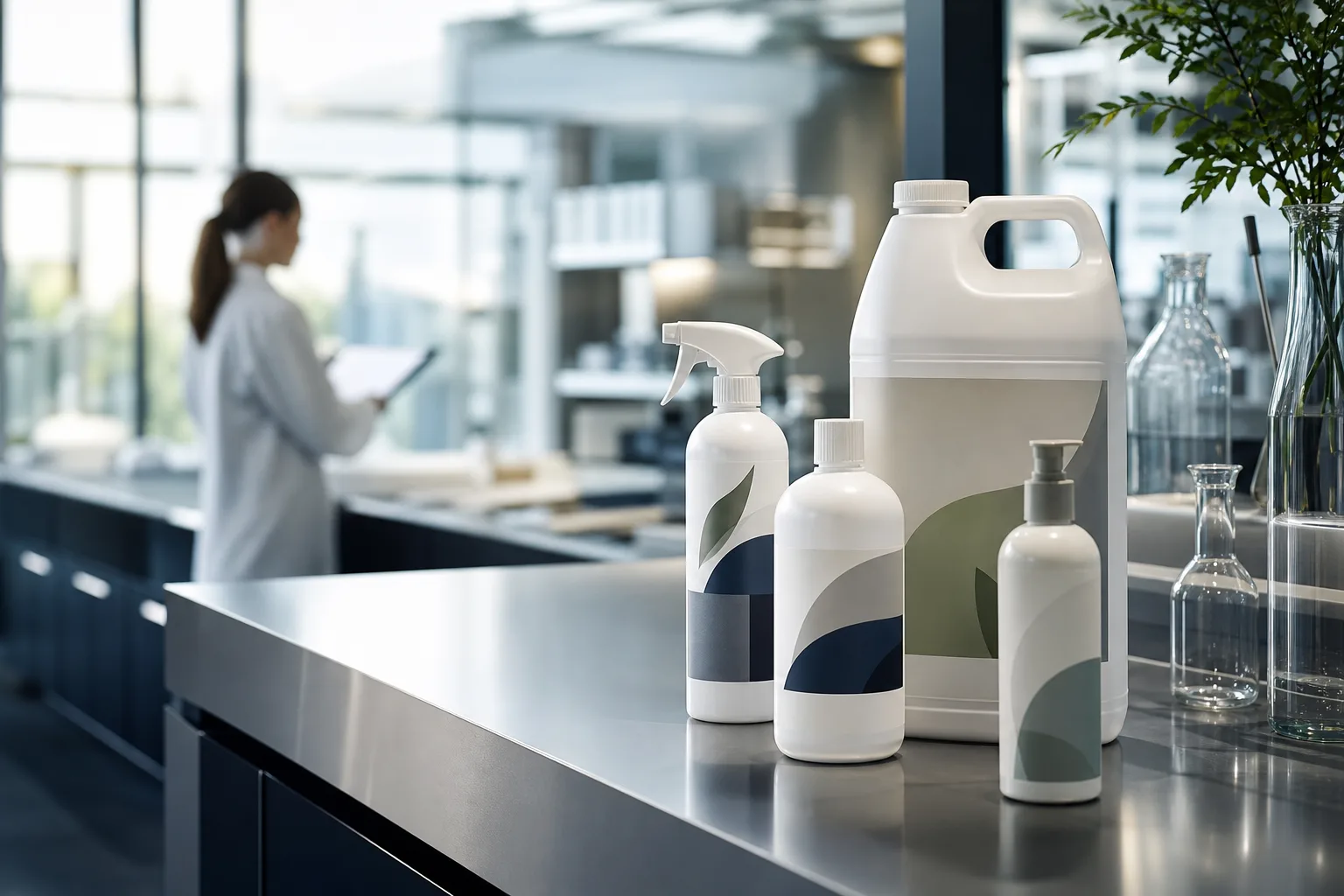 Biobased product containers staged with procurement documentation in a clean lab setting